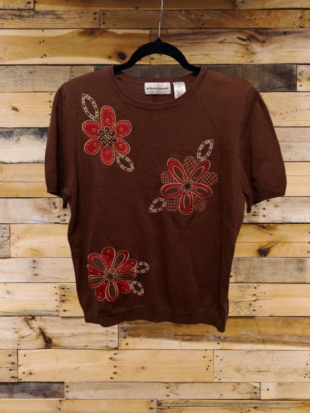 NWT Alfred Dunner Indochine Brown Floral Embroidered Short Sleeve Knit Small
